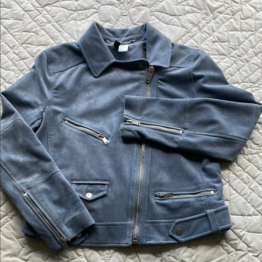 H&M Blue Leather Motorcycle Jacket with Textured Finish